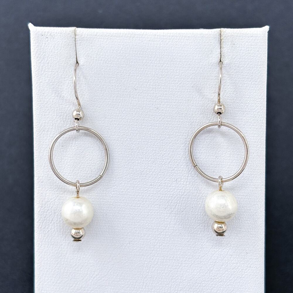 Vintage Sterling Silver 925 White Pearl Hoop Earrings